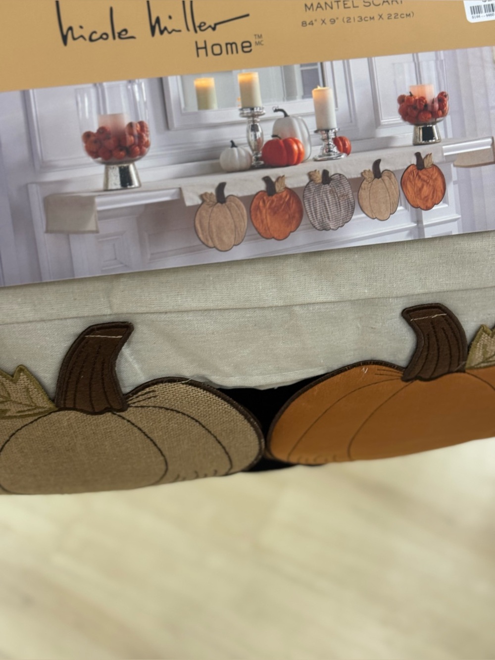Nicole Miller Home Fall Pumpkin Mantel Scarf in Orange, Tan, Brown